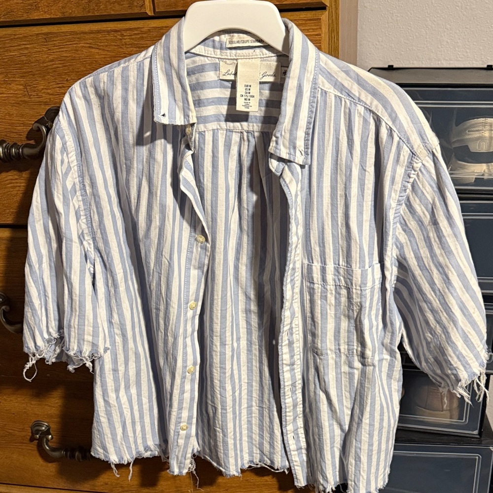 Blue and White Striped Men's Distressed Shirt